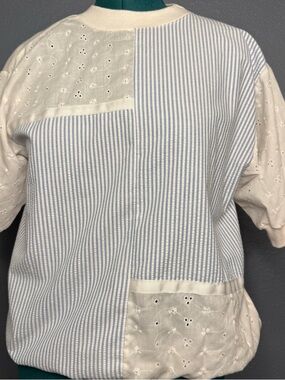 Vintage Patchwork Eyelet Top Blue Stripe Seersucker Cotton Oversized Cottagecore